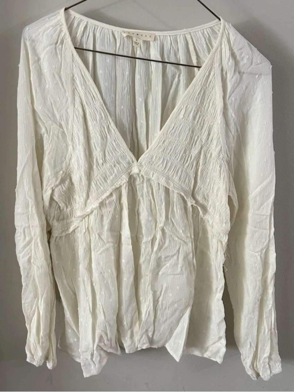 Women’s Size Large Boho Deep V Off White Blouse Promesa Brand Crinkle Swiss Dot